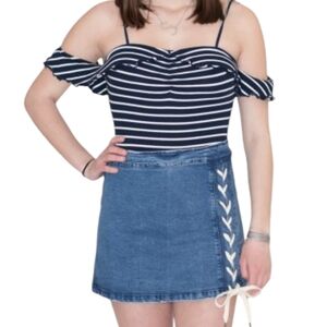 Honey Punch Navy Blue and White Striped Ribbed Bodysuit